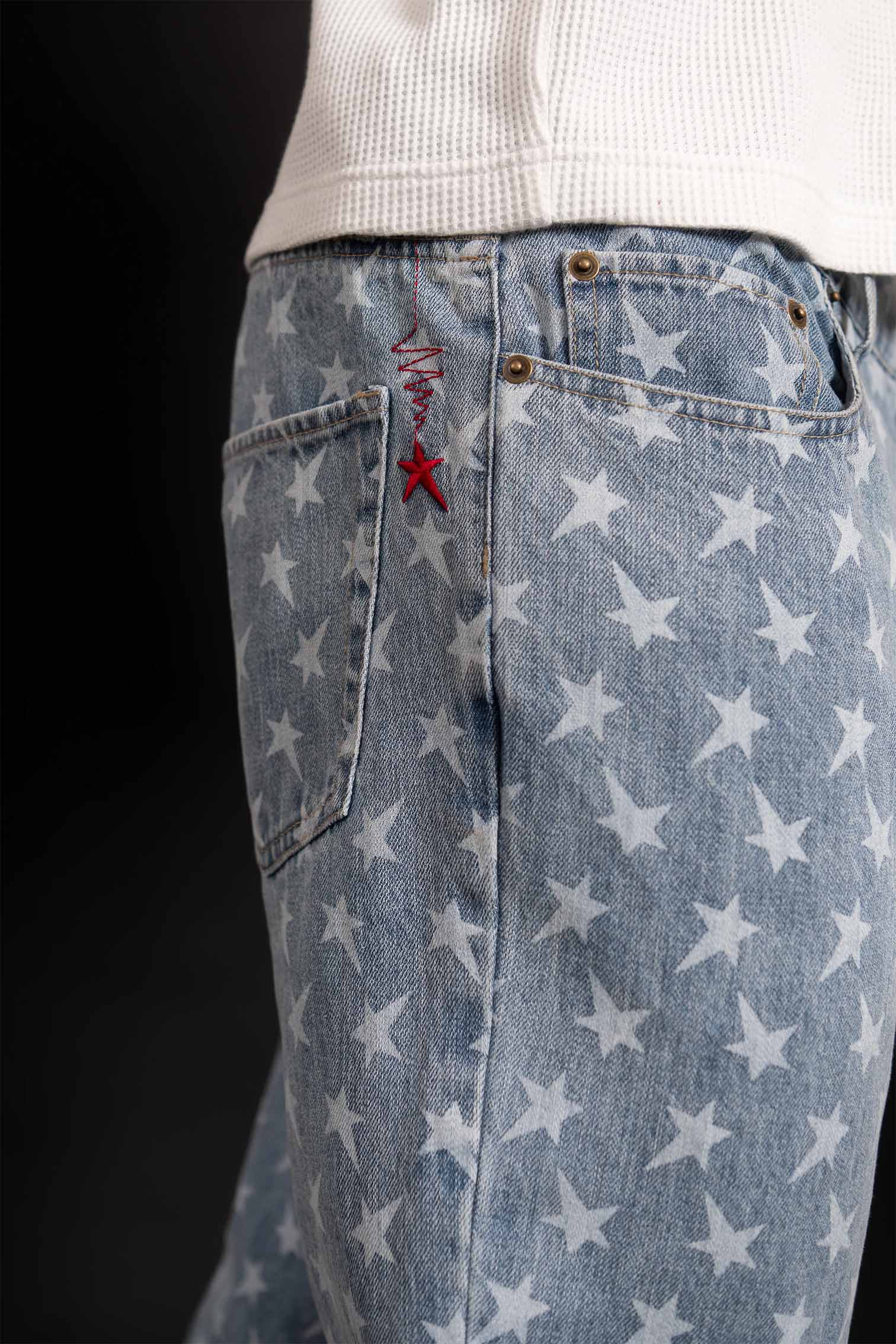 PPFM Belt-Print Studded Star Jeans PPFM Double Waist Distressed 
