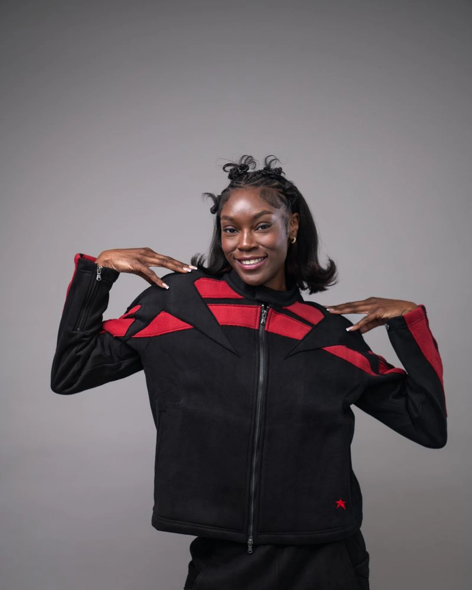 Pieced Zip Front Jacket — Black/Red — view 2 — Andrew Charles SS26