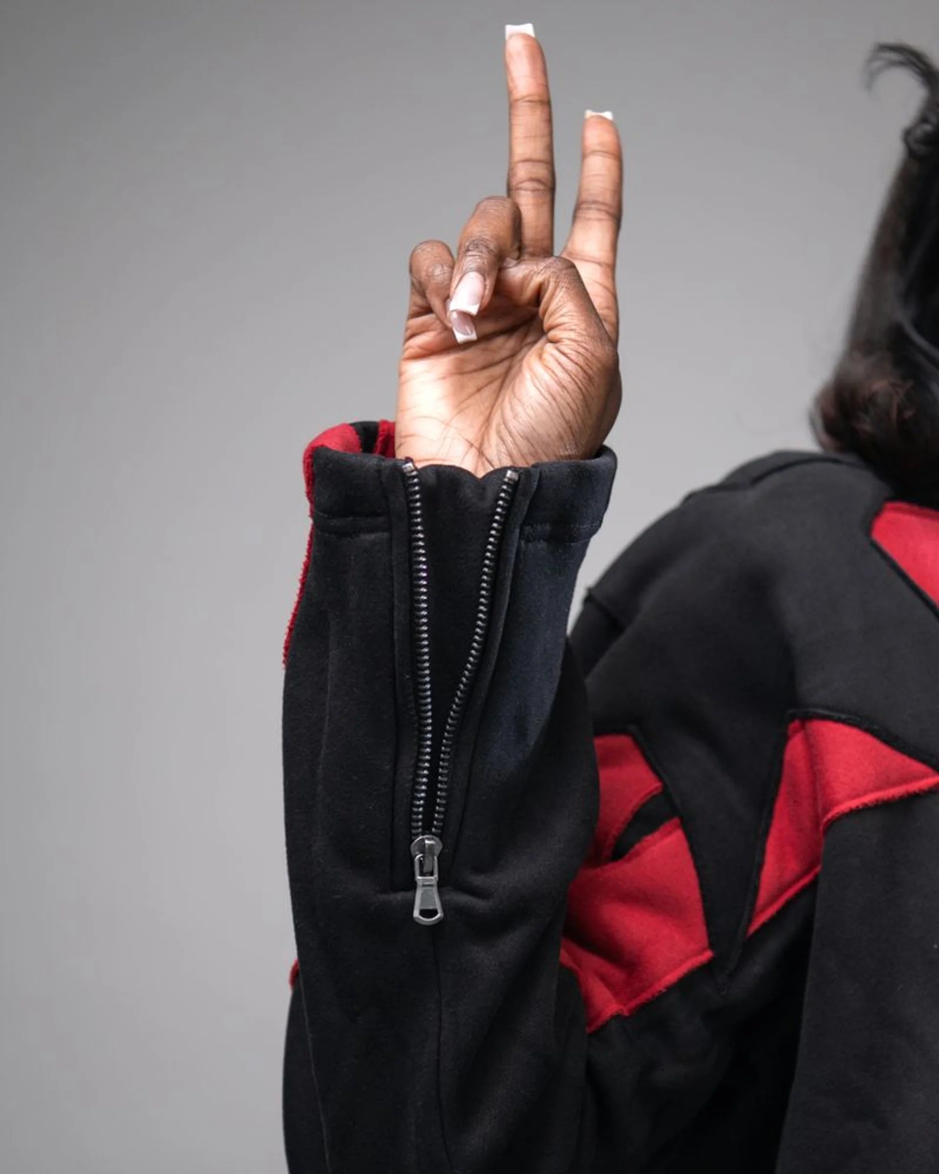Pieced Zip Front Jacket — Black/Red — view 4 — Andrew Charles SS26