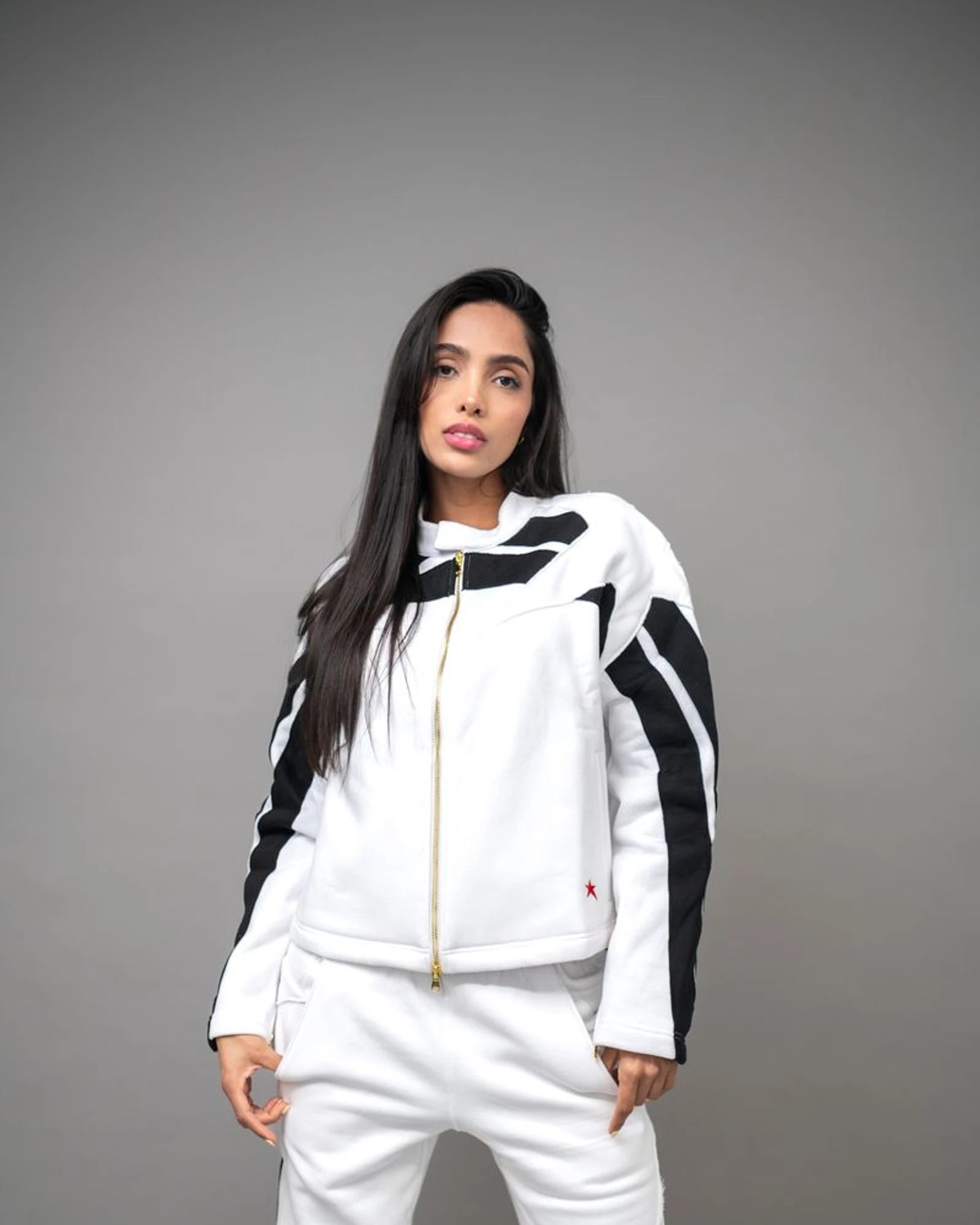 Pieced Zip Front Jacket — Off-White/Black — hero — Andrew Charles SS26
