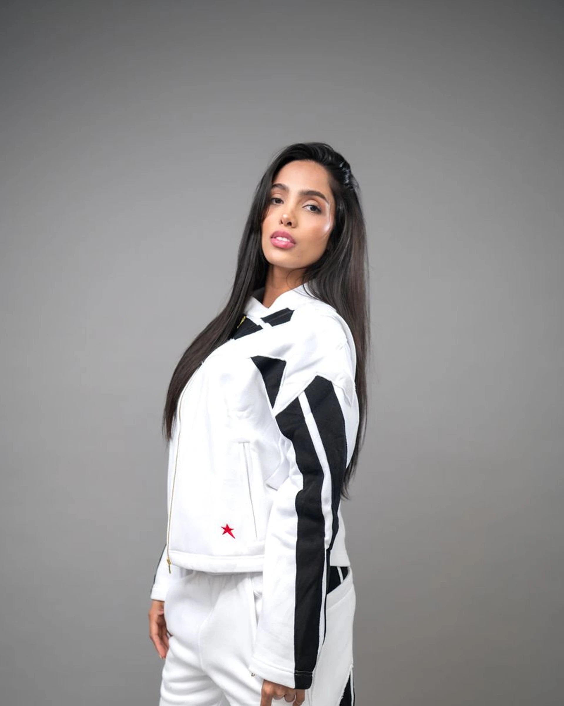 Pieced Zip Front Jacket — Off-White/Black — view 2 — Andrew Charles SS26
