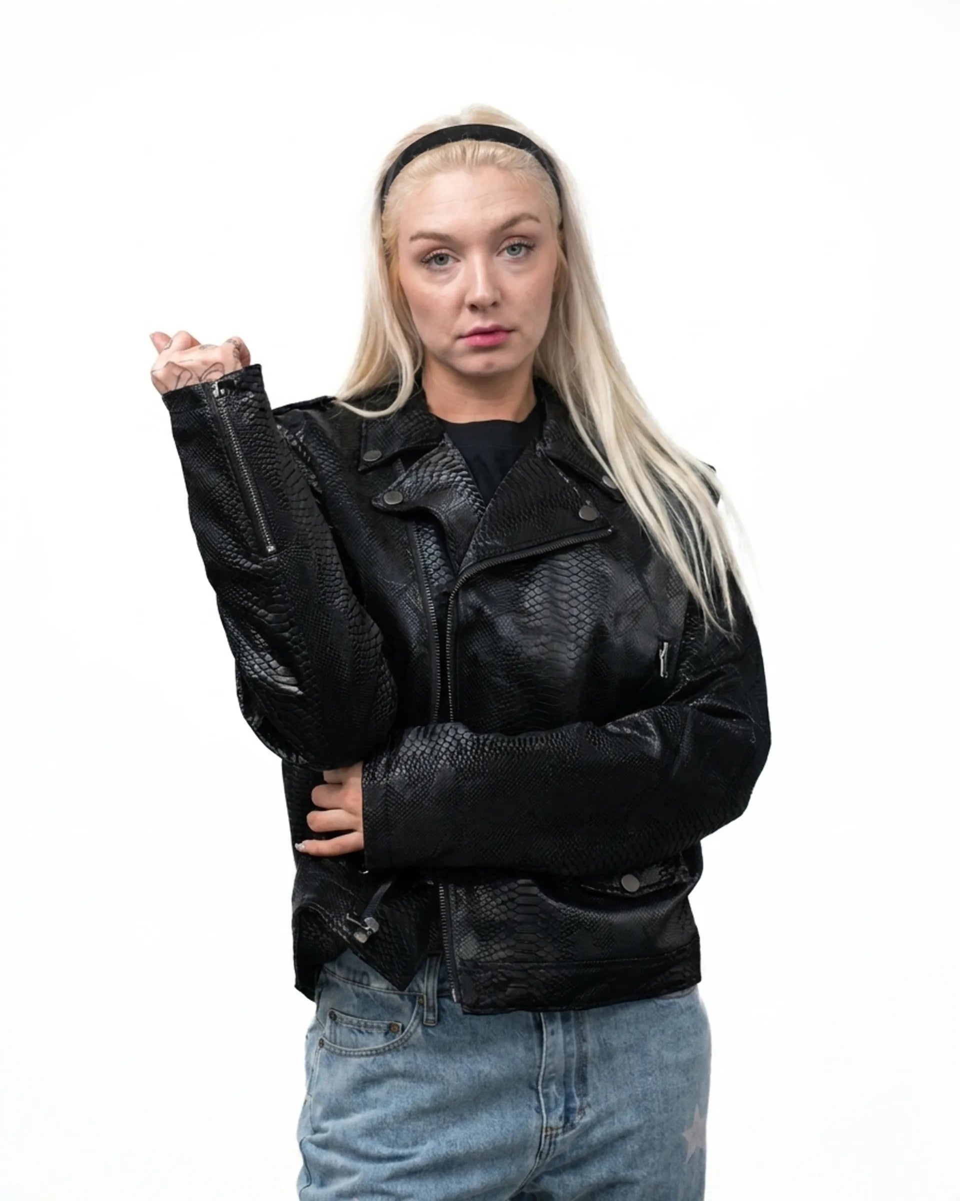 Snake Skin Moto Jacket — Black — SS26 — hero — Andrew Charles SS26