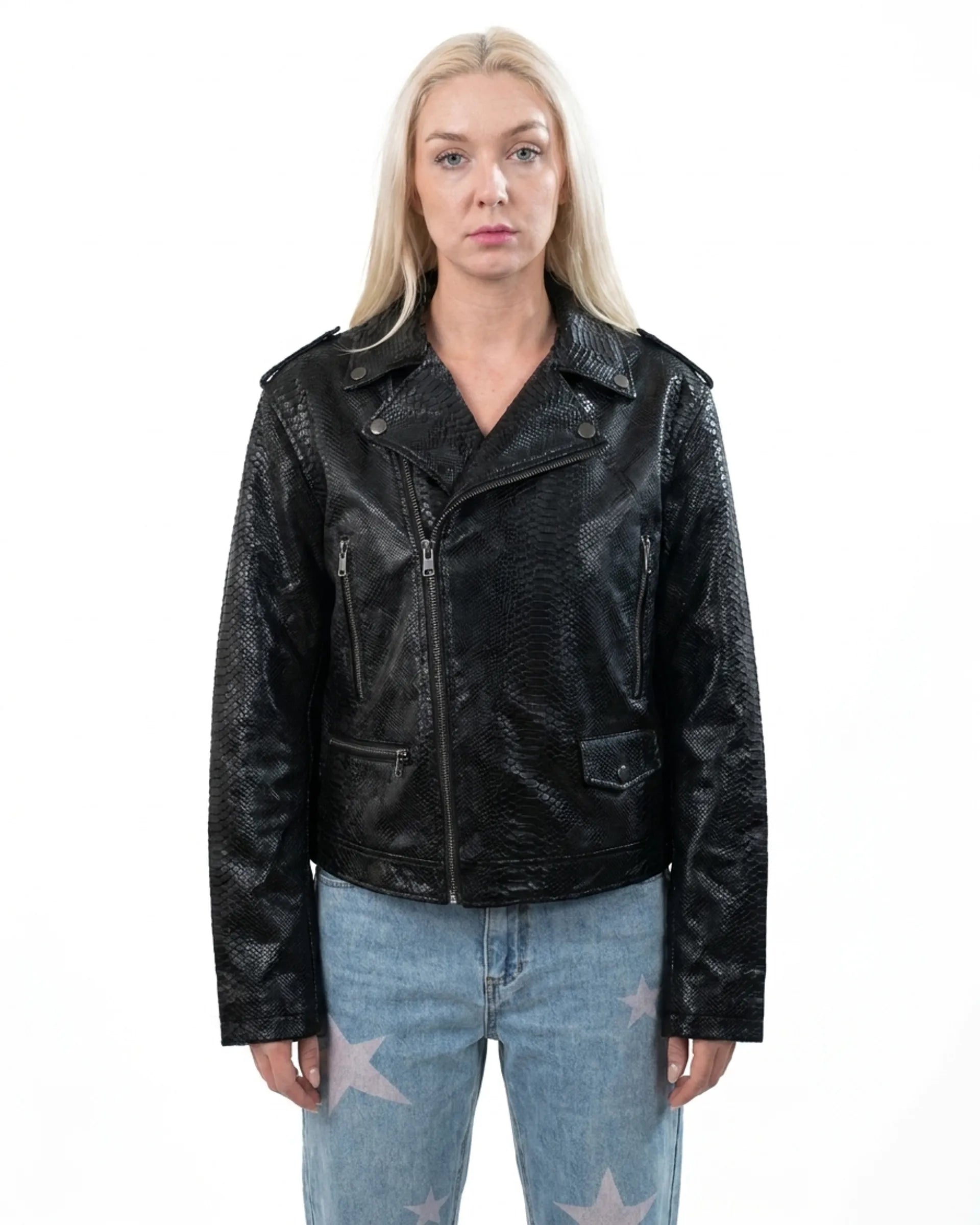 Snake Skin Moto Jacket — Black — SS26 — view 2 — Andrew Charles SS26