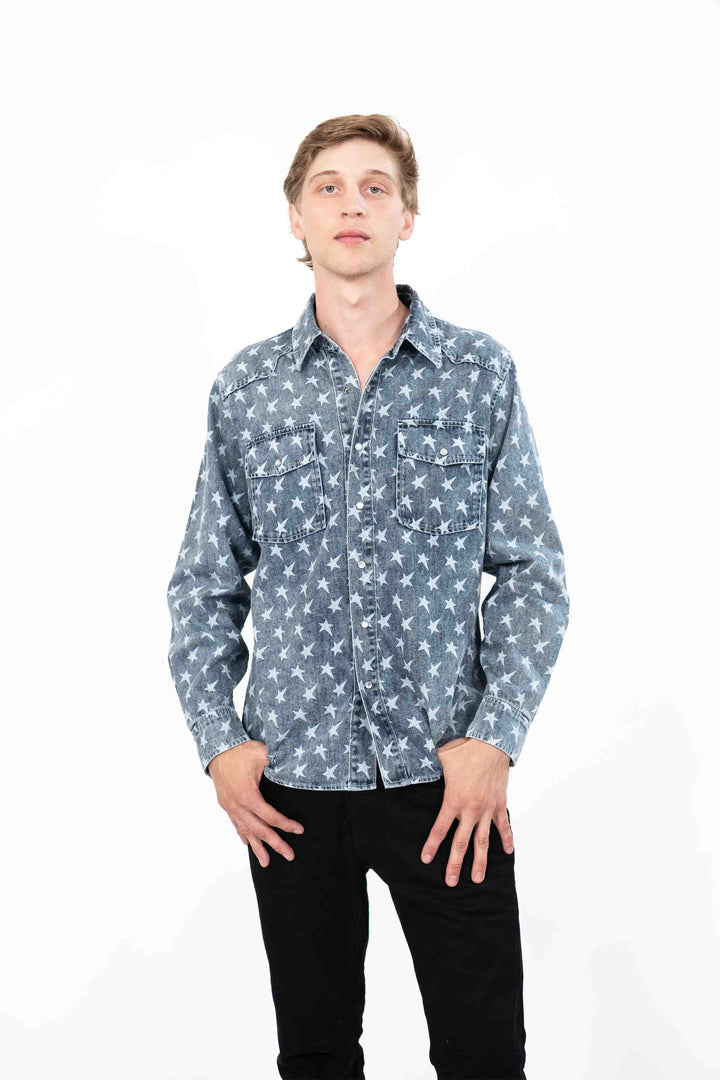 Star Print Shirt LS - Star Denim Print (Lt Wash) - front view - Andrew Charles New York