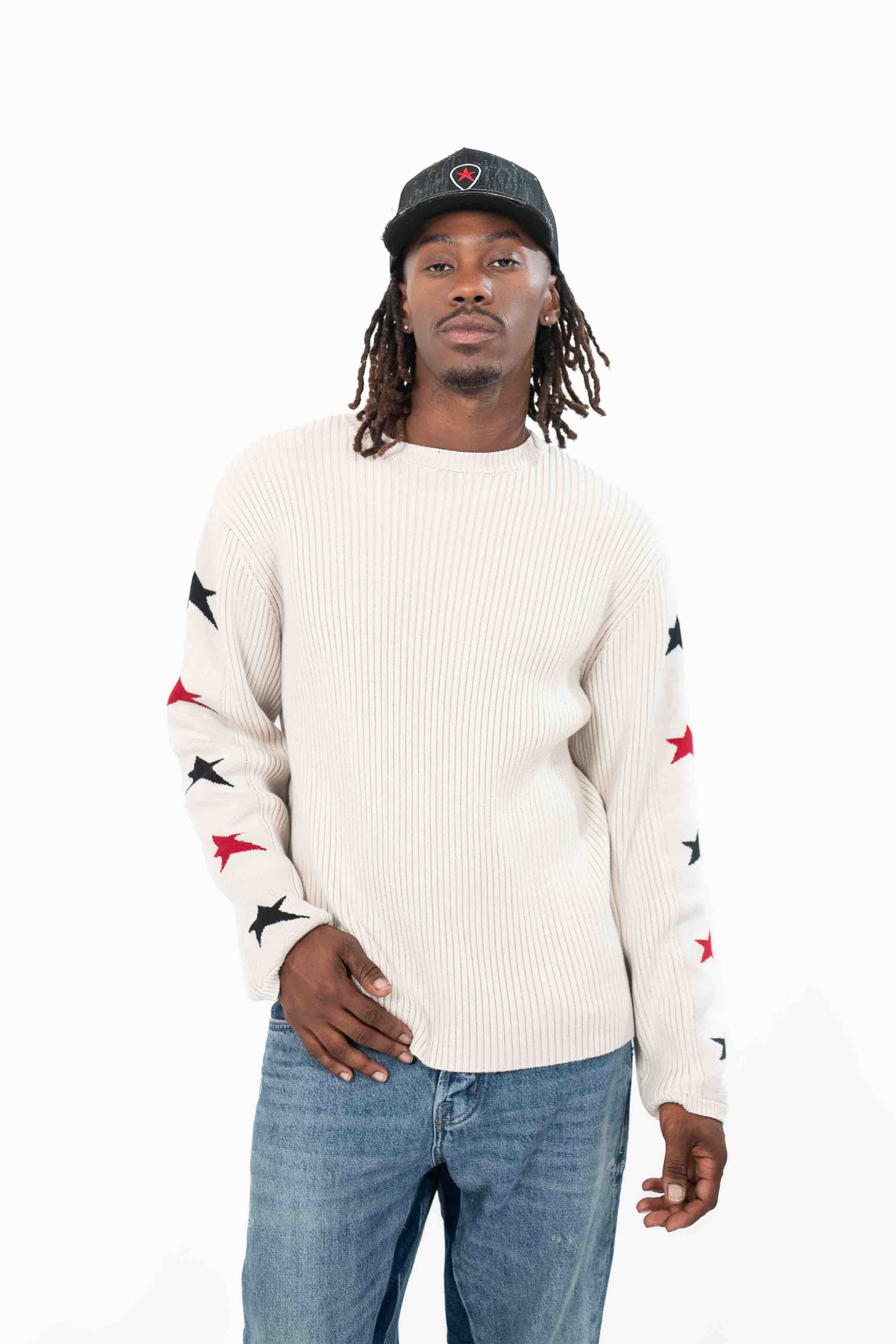 美品 マークアンドロナ Skywalker Crew Sweater ニット 新品】マークアンドロナ セーター 黒×白 ニット パール調ロゴ 裏地付